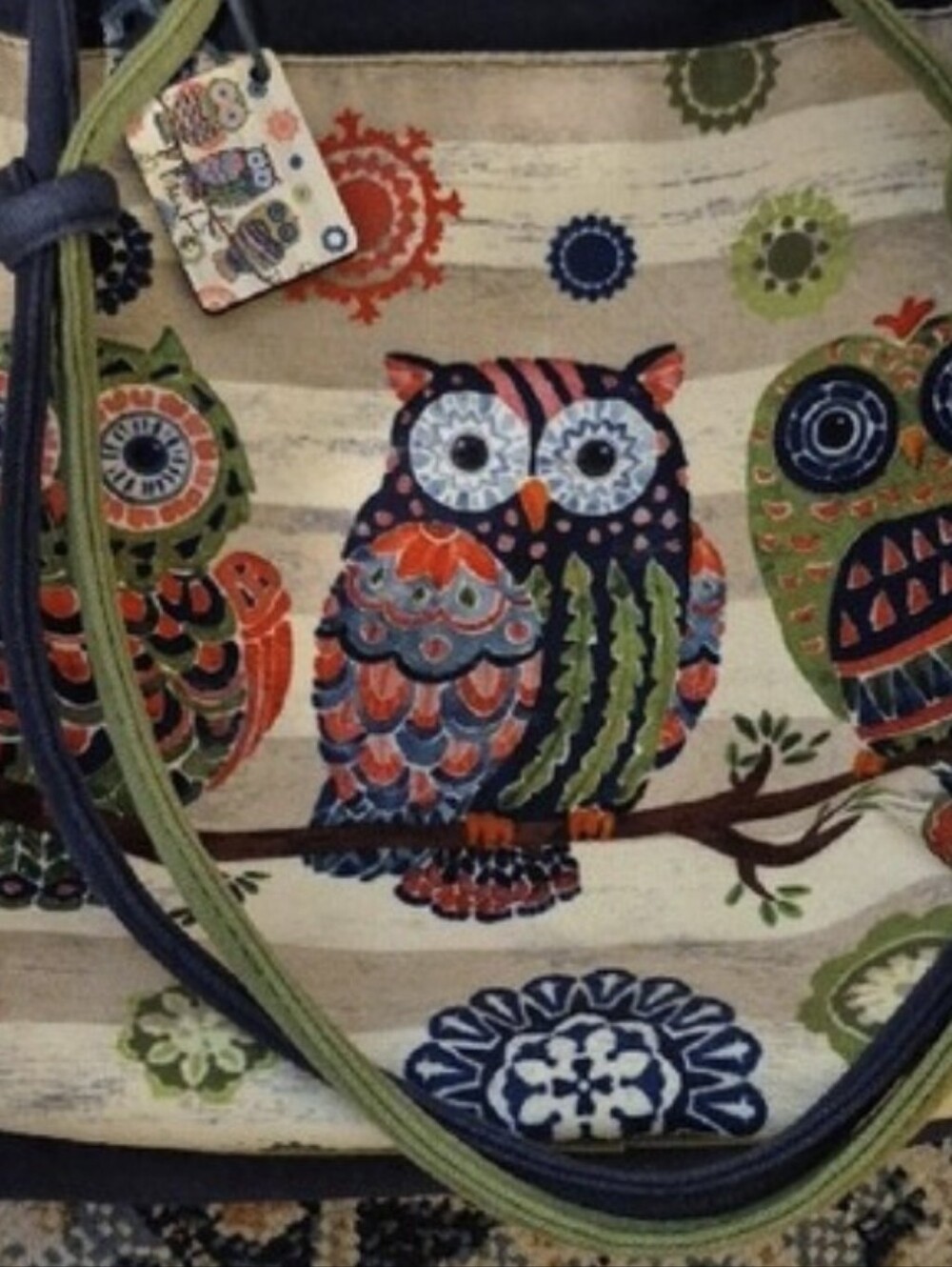 Multicolor Owl Canvas Tote Bag with Navy & Olive Trim